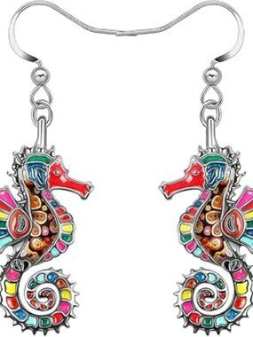 NEW Enamel Alloy Cute Seahorse Earrings Dangle Fun Beach Earrings Summer